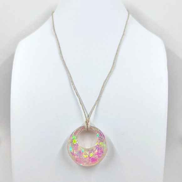 New / Hand Crafted - Pink & Cream Iridescent Round Pendant 16” Cord Necklace - Picture 2 of 7